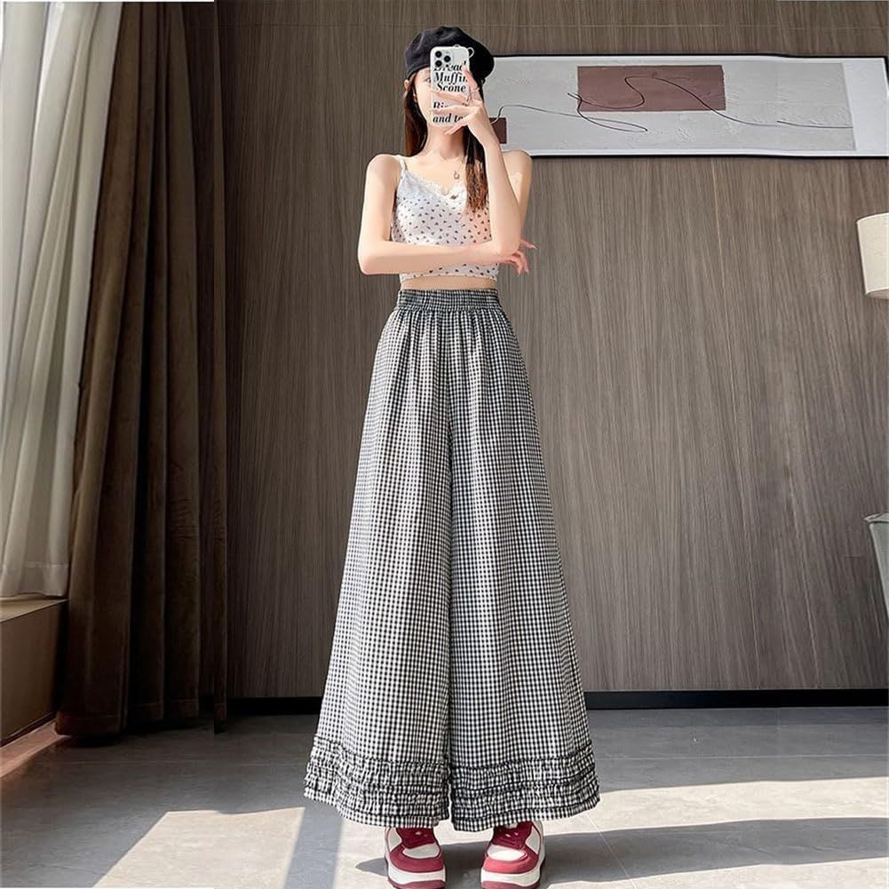 ロングパンツ レディース ワイドパンツ チェック柄 フリル