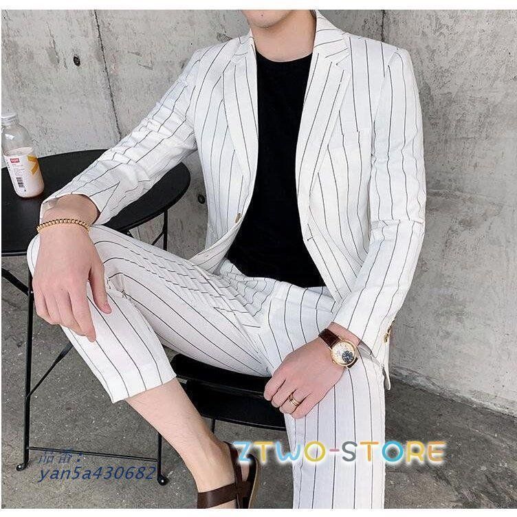 スーツ メンズ スーツセットアップ 上下セット 二点セット 白 就職 紳士服 おしゃれ ストライプ 細身 通勤 結婚式 大人式 卒業式 yan5a430682