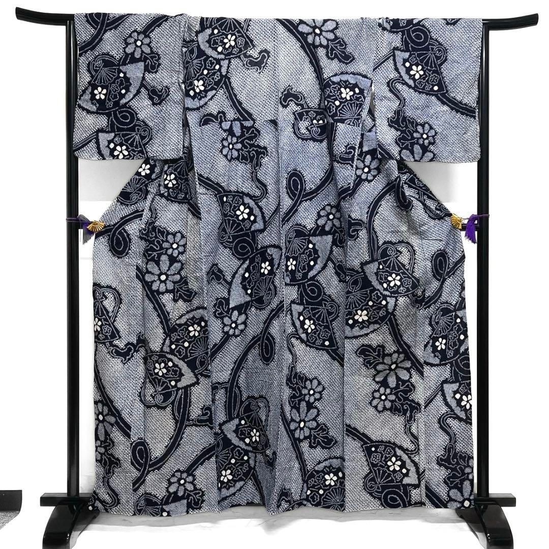 藍染　変わり菱　花模様　浴衣　有松鳴海絞り　着物　042a p 藍染 変わり菱 花模様 浴衣 有松鳴海絞り 着物 042a p