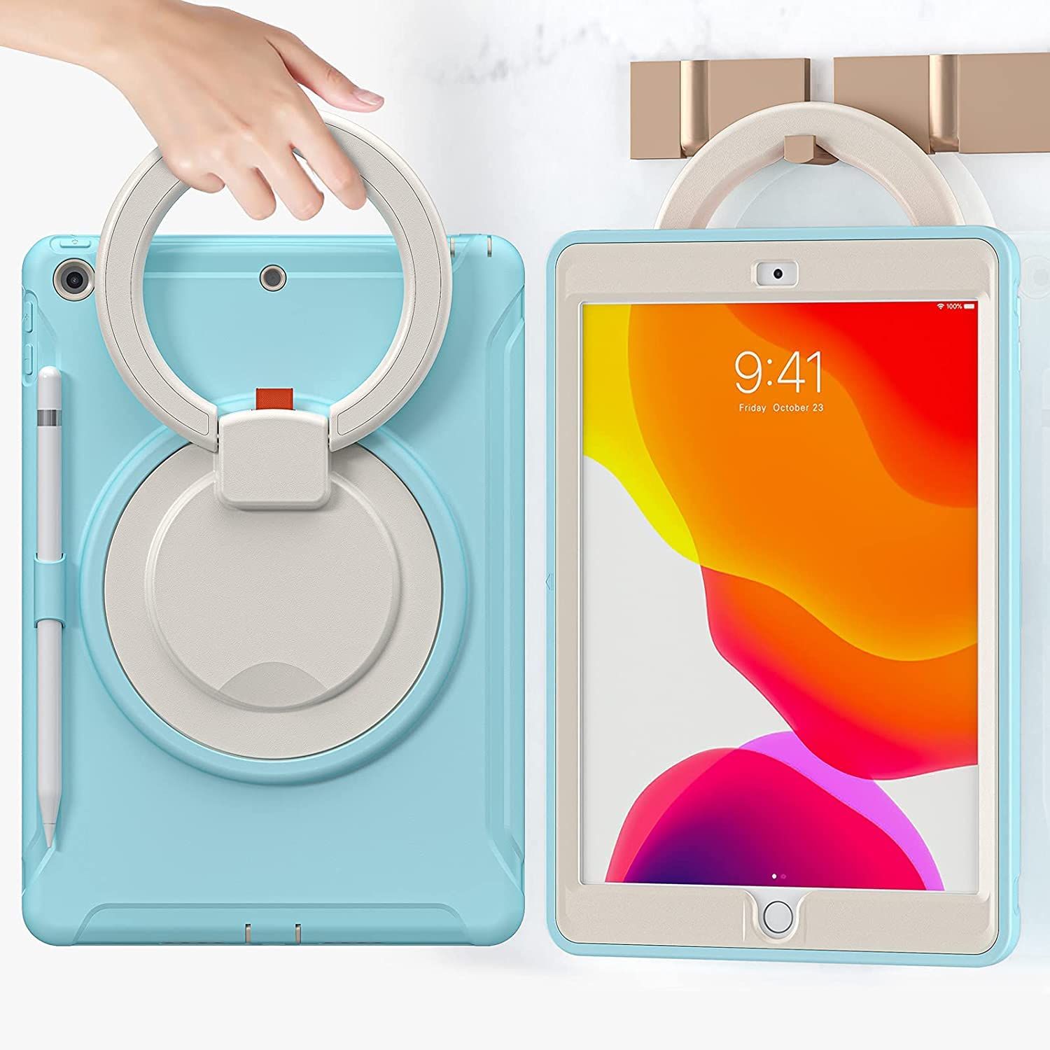 【数量限定】新型 iPad 9ケース 2021 カバー 第9世代 8世代 7世代 10.2インチ リング付き 衝撃吸収 頑丈 360度回転スタンド 持ち手付き ハンドル付 iPad 7 iPad8カバー 落下防止 Pencil 收納 子供 キッズ 