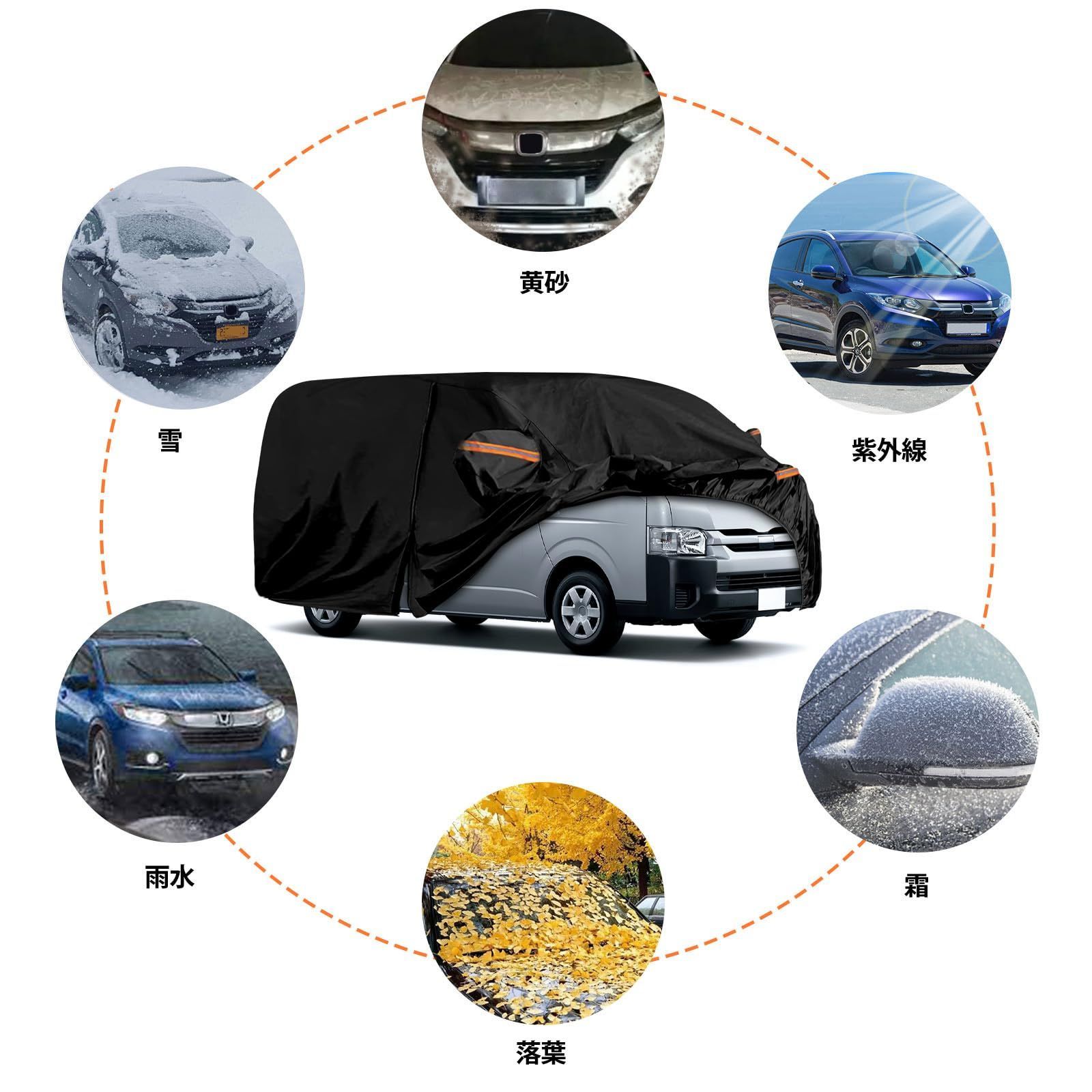 Syncnika 車カバー 2004-2025 ハイエース200 スーパーロング ワイド ハイルーフ 自動車カバー ボディカバー ミニバンカバー 防水カーカバー 裏起毛 防塵防輻射紫外線 黄砂 雪対策 弾力な防風ロープ付き 黒 四季対応 BRIGHTFACE_UK