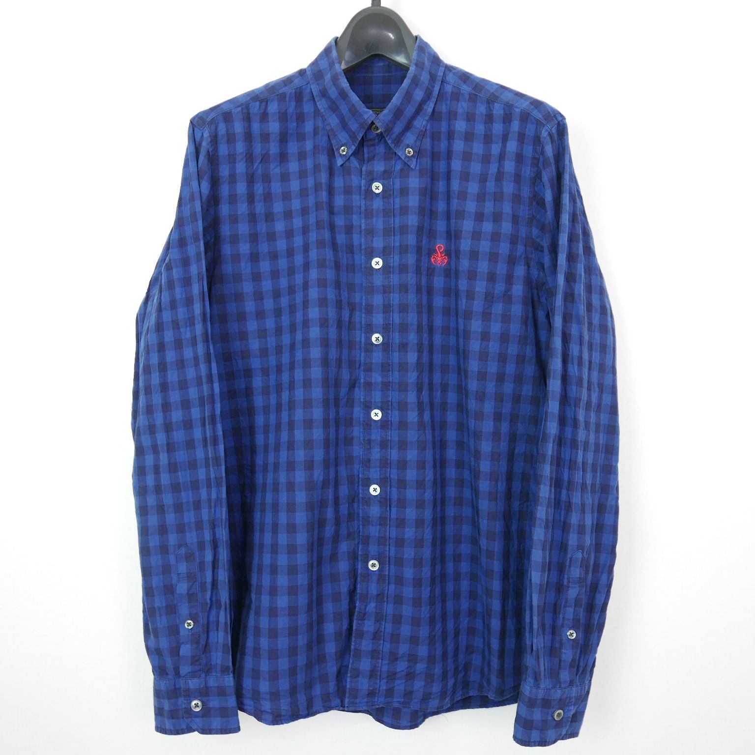 15AW 15FW SOPHNET. SCORPION EMBROIDERY INDIGO TYPE WRITER CHECK B.D SHIRT 長袖 スコーピオン ロゴ刺繍 チェック ボタンダウンシャツ L