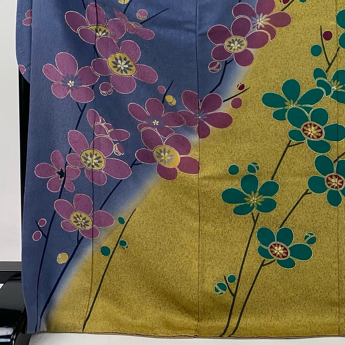 振袖 身丈173cm 裄丈67cm L 袷 枝梅 金彩 染め分け 青紫 正絹