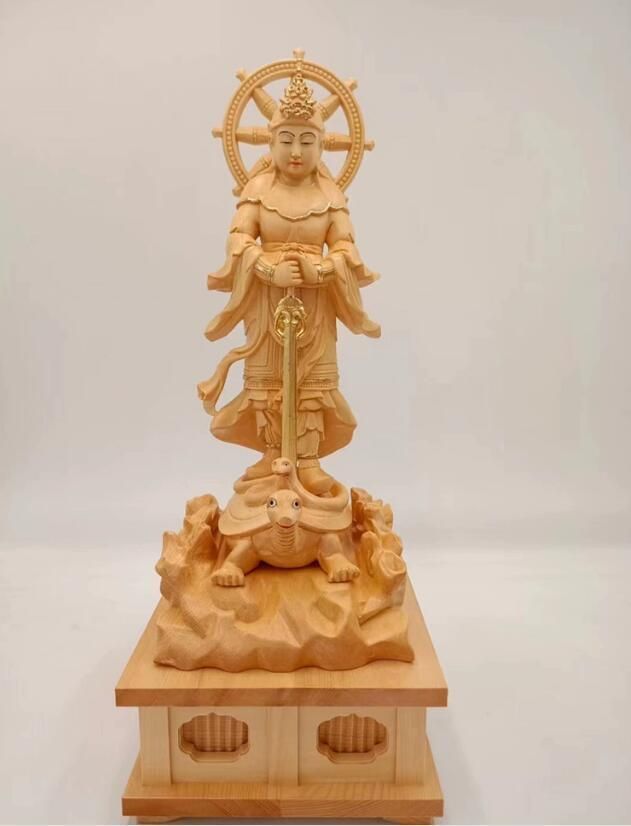 人気品上質仏像 妙見菩薩 立像 乗亀像 北辰妙見菩薩木彫仏像 木彫り総高38cm 原木