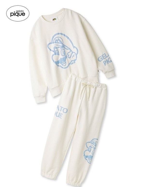 S-Mサイズ OWHT マリオ gelato pique ジェラート ピケ スーパーマリオ 裏毛プルオーバー-ロングパンツセット