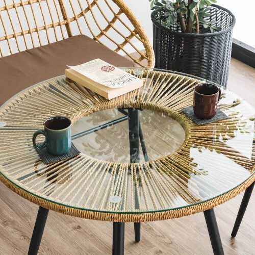 送料無料 人工ラタン ガラス天板カフェテーブル 幅80cm 新品（113） 人工ラタン ガラス天板カフェテーブル幅80cm リゾート ダイニング