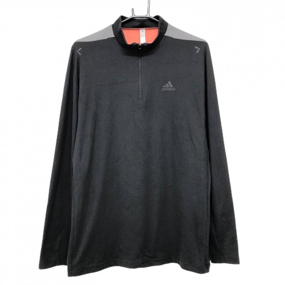 【超美品】アディダス 長袖ハイネックシャツ 黒×グレー ハーフジップ 立体ロゴ 微起毛  メンズ O(XL) ゴルフウェア adidas