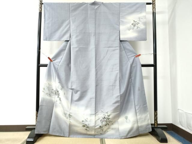 平和屋着物●訪問着　紬地　作家物　手描き　成り物　柿　蕪　きのこ　正絹　逸品　CAAU2753yc 平和屋着物○訪問着 紬地 作家物 手描き 成り物 柿 蕪 きのこ 正絹