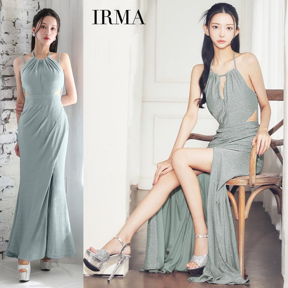 IRMA イルマ ラメニット ホルターネック ロングドレス グレイッシュグリーン IRMA / イルマ】ラメニット ホルターネック ロングドレス グレイッシュ