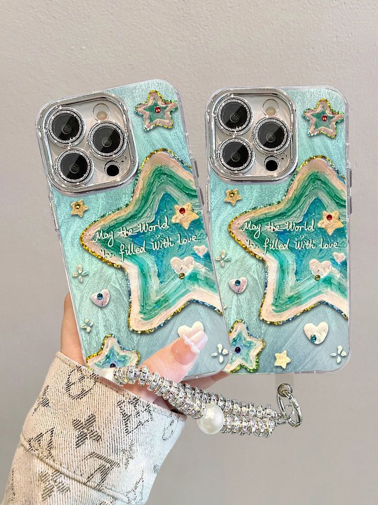スマホケース　ミント　スター　油絵　ハート　かわいい