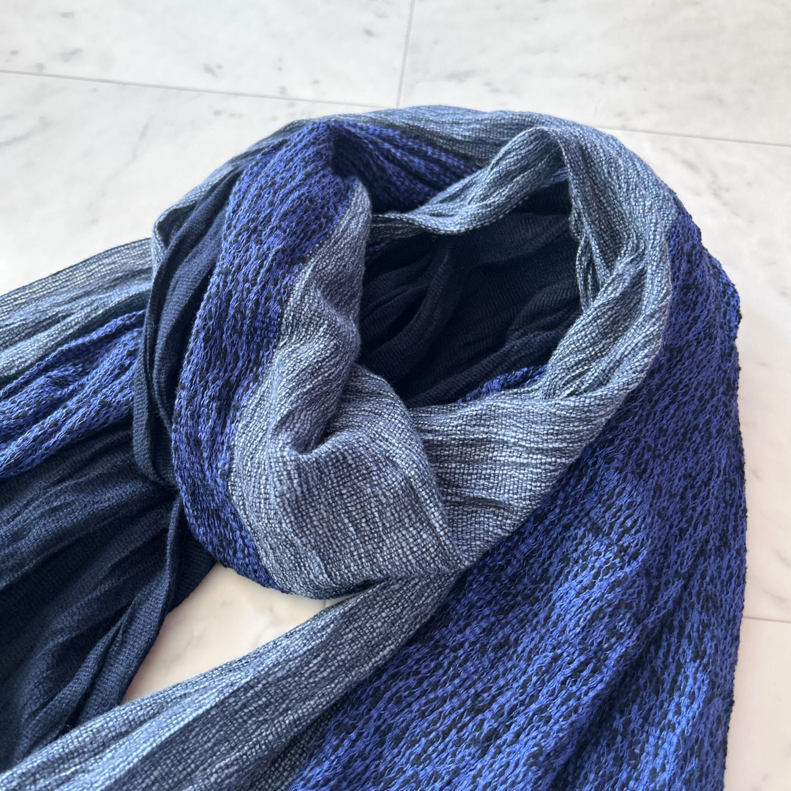 ISSEY MIYAKE イッセイミヤケ ウール シルク 大判ストール マフラー ネイビー系