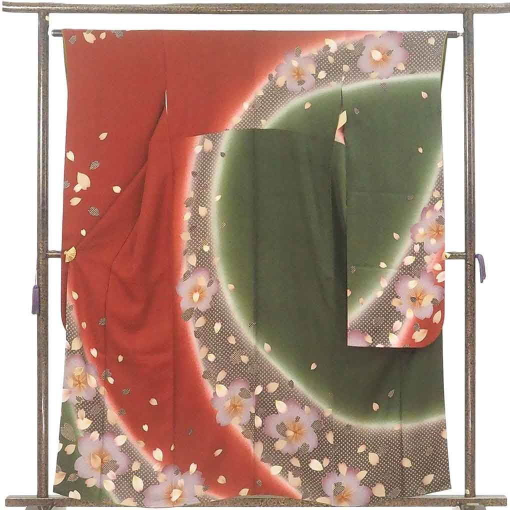 振袖 身丈160cm 裄63cm 前幅24.5cm 後幅28cm 袖丈105cm 袖幅32cm レディース 袷 桜 裄Mサイズ 秋冬春用 正絹 シルク レッド リメイク リユース リサイクル 呉服のきくや