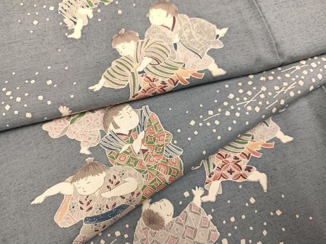 平和屋着物○上質な小紋 紬地 友禅 童子 正絹 逸品 AAAZ0552ph