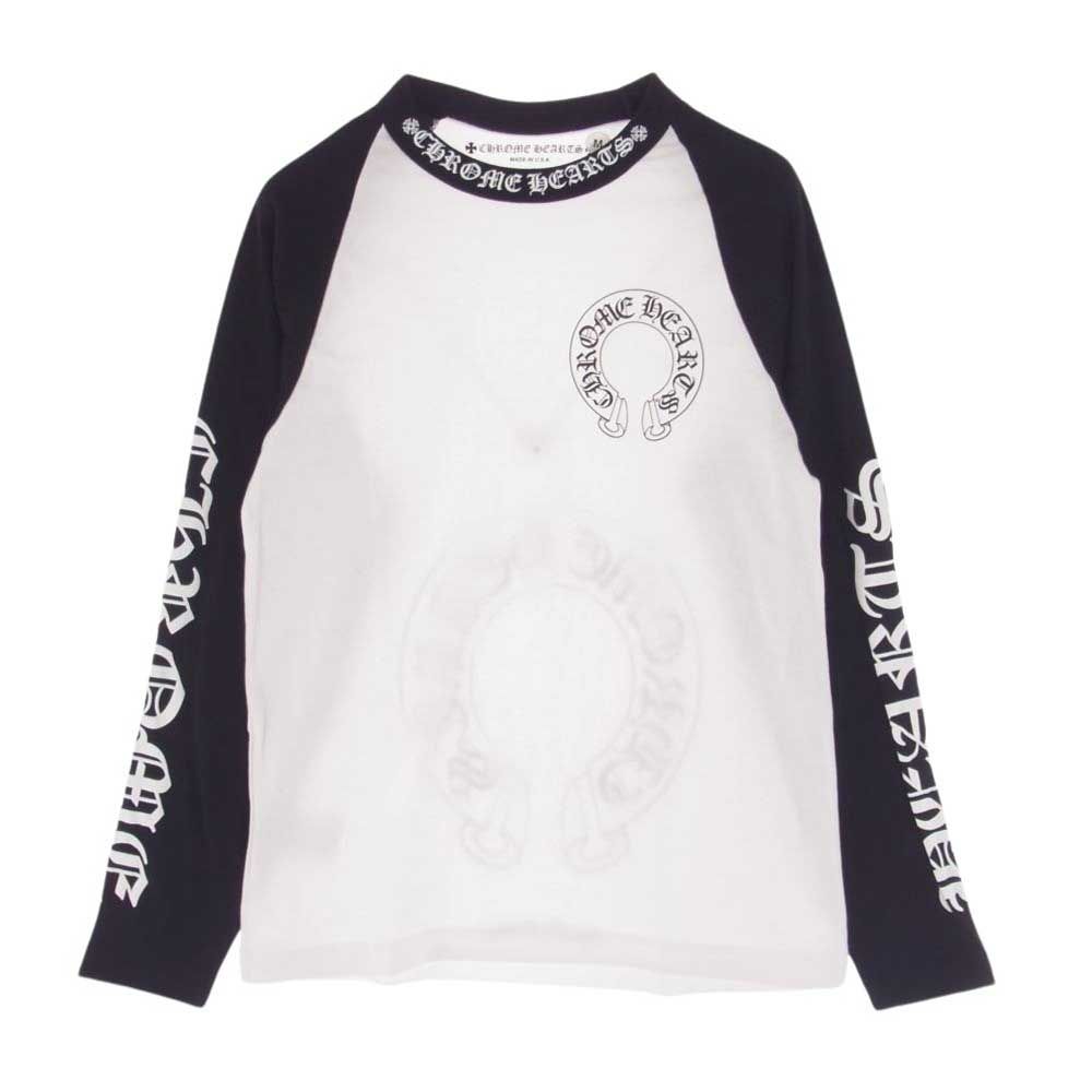 CHROME HEARTS クロムハーツ（原本無） Ｔシャツ Neck Logo Horseshoe Raglan Sleeve Tee ネックロゴ ホースシュー ラグラン 長袖 Tシャツ ロンT サイズM ホワイト系 ブラック系 M【中古】