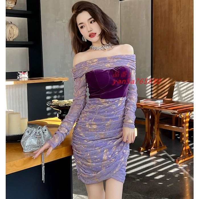 肩出しオフショル 長袖ショートタイトドレスワンピース 紫 キャバ スナック ドレス 服 韓国 レディース エロ yan5a765830