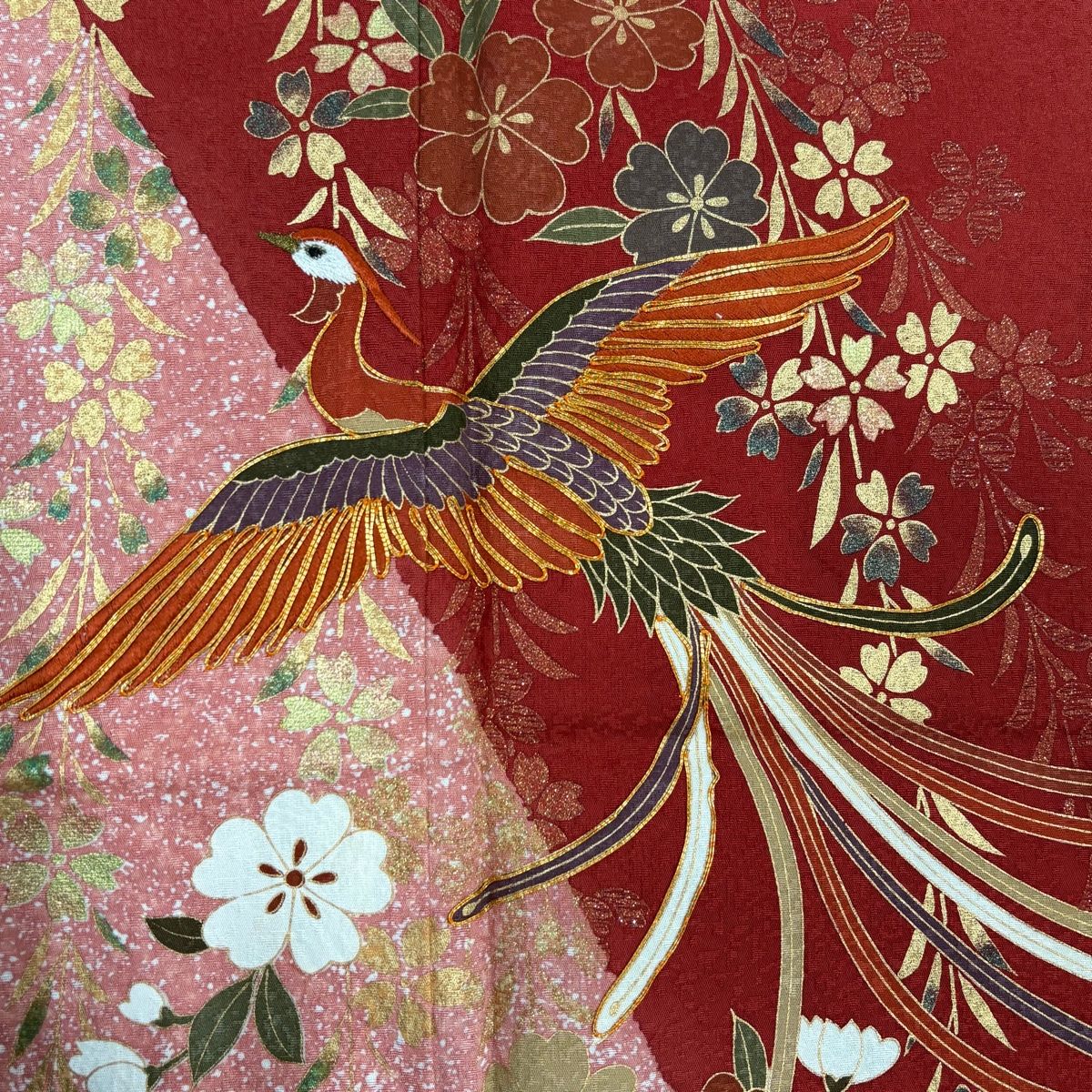 振袖 身丈165cm 裄丈64.5cm M 袷 桜 鳳凰 金糸 金彩 茜色 正絹