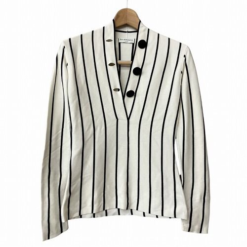 バレンシアガ BALENCIAGA ボタンデザイン ストライプ ニット セーター アイボリー 黒 ブラック ■GY41 BALENCIAGA ロゴニット ブラック・ホワイト（バレンシアガ