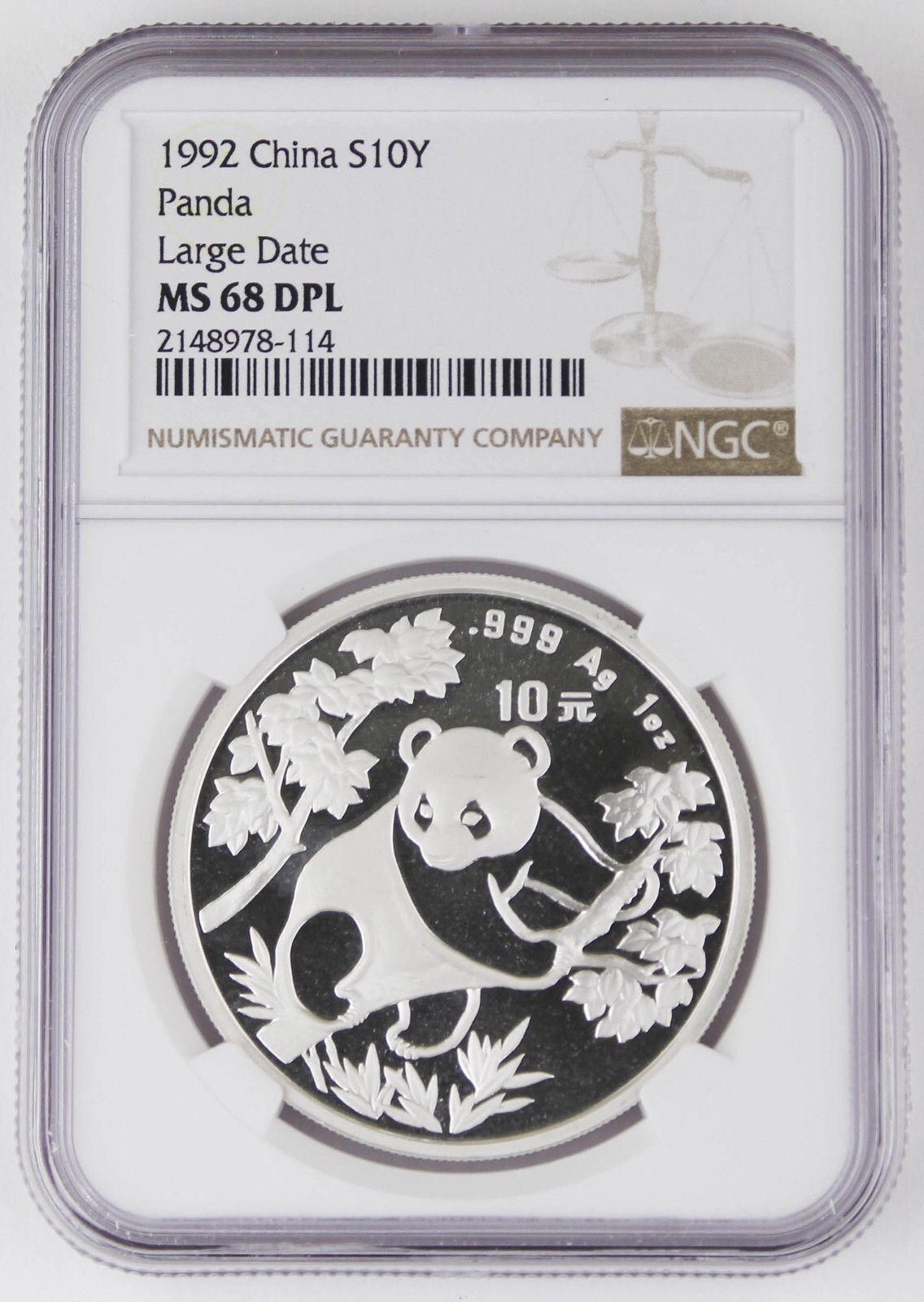 China 1992 1 Oz 999 Silver Panda 10 Yuan Coin NGC MS68 DPL Deep Proof Like LD