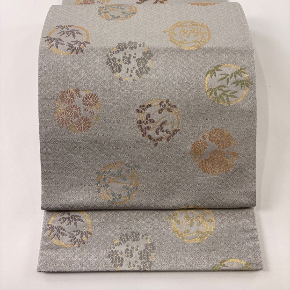 袋帯 名品 箔屋清兵衛 落款 花丸文 草花 箔 灰色 六通 正絹