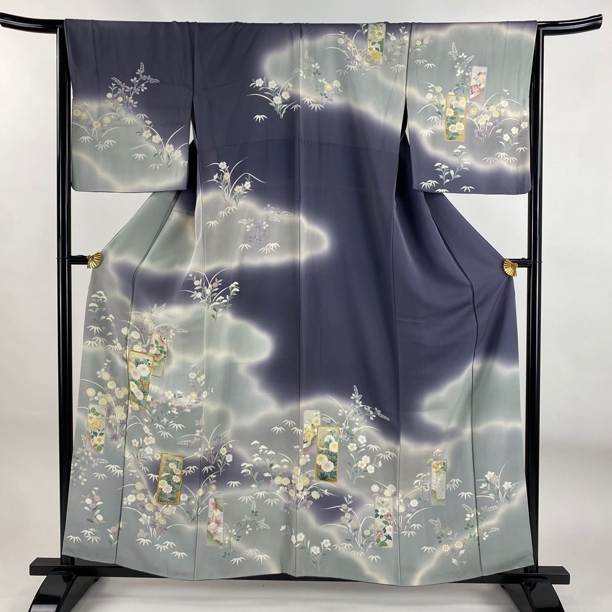 訪問着 身丈158.5cm 裄丈65cm M 袷 背抜き 短冊 草花 金糸 金彩 灰紫 正絹 秀品