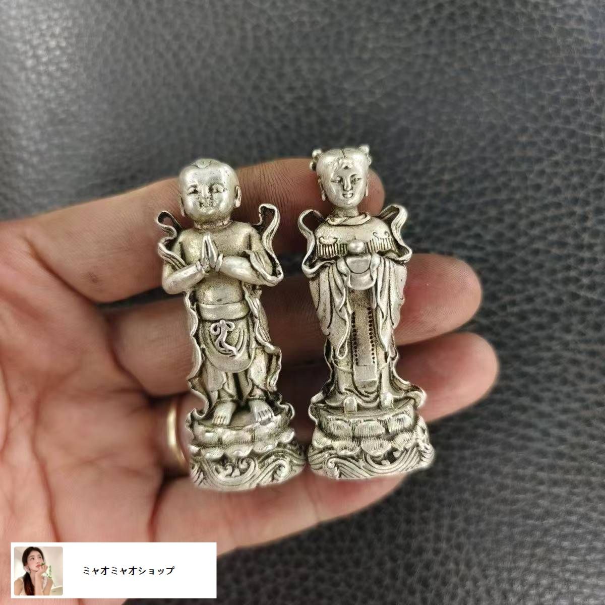 旧家収蔵 中国古玩 白銅 善財童子 金童玉女 龍女 觀音菩薩 置物