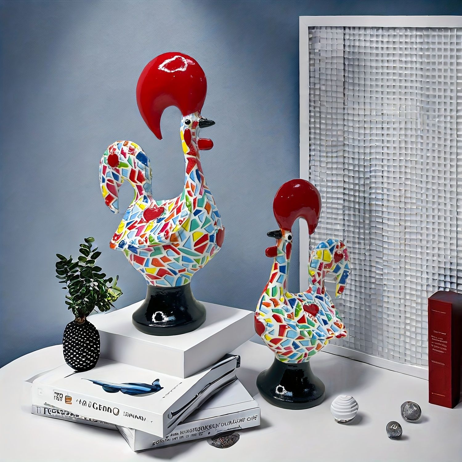 オブジェ 置物 2羽のニワトリ 鶏 カラフル ガーデンオーナメント