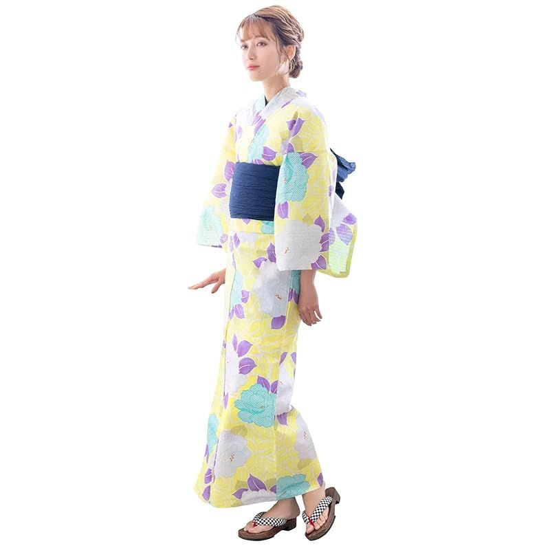 KYOETSU キョウエツ 浴衣セット 変わり織 6点セット 浴衣 兵児帯 肌着 下駄 腰紐×2 レトロ C レディース 3.イノセントカメリア 1