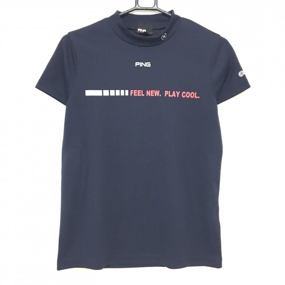 【美品】ピン 半袖ハイネックシャツ ネイビー×グレー 胸元英字 coolcore  レディース L ゴルフウェア PING