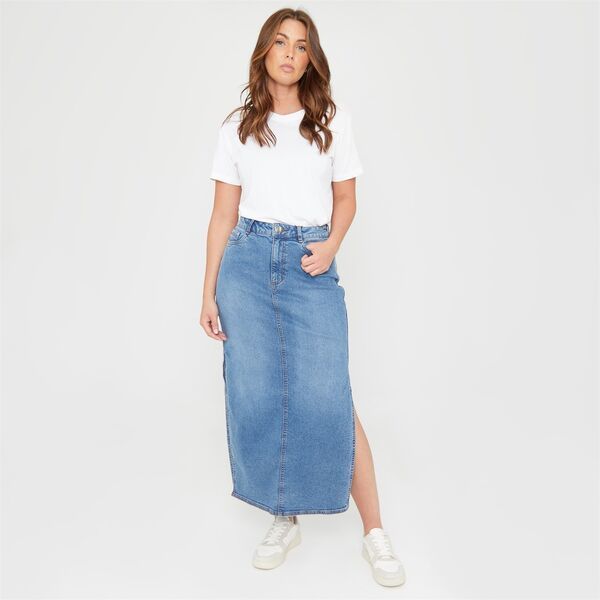 【送料無料】 ビー ユー レディース スカート ボトムス You Denim Side Split Skirt Mid Wash