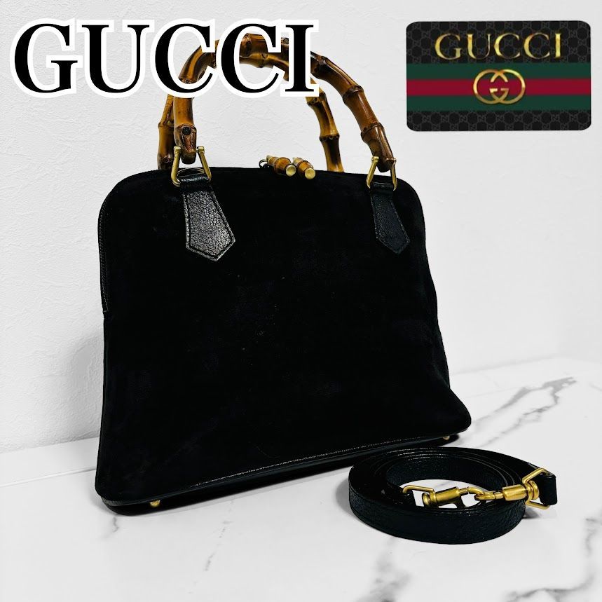 GUCCI グッチ 2way ハンドバッグ ショルダーバッグ 手提げ 腕掛け 肩掛け 斜め掛け クロスボディ ゴールド金具 ロゴ 刻印 バンブー スウェード  スエード レザー 本革 ブラック 黒 イタリア製 made in Italy - メルカリ