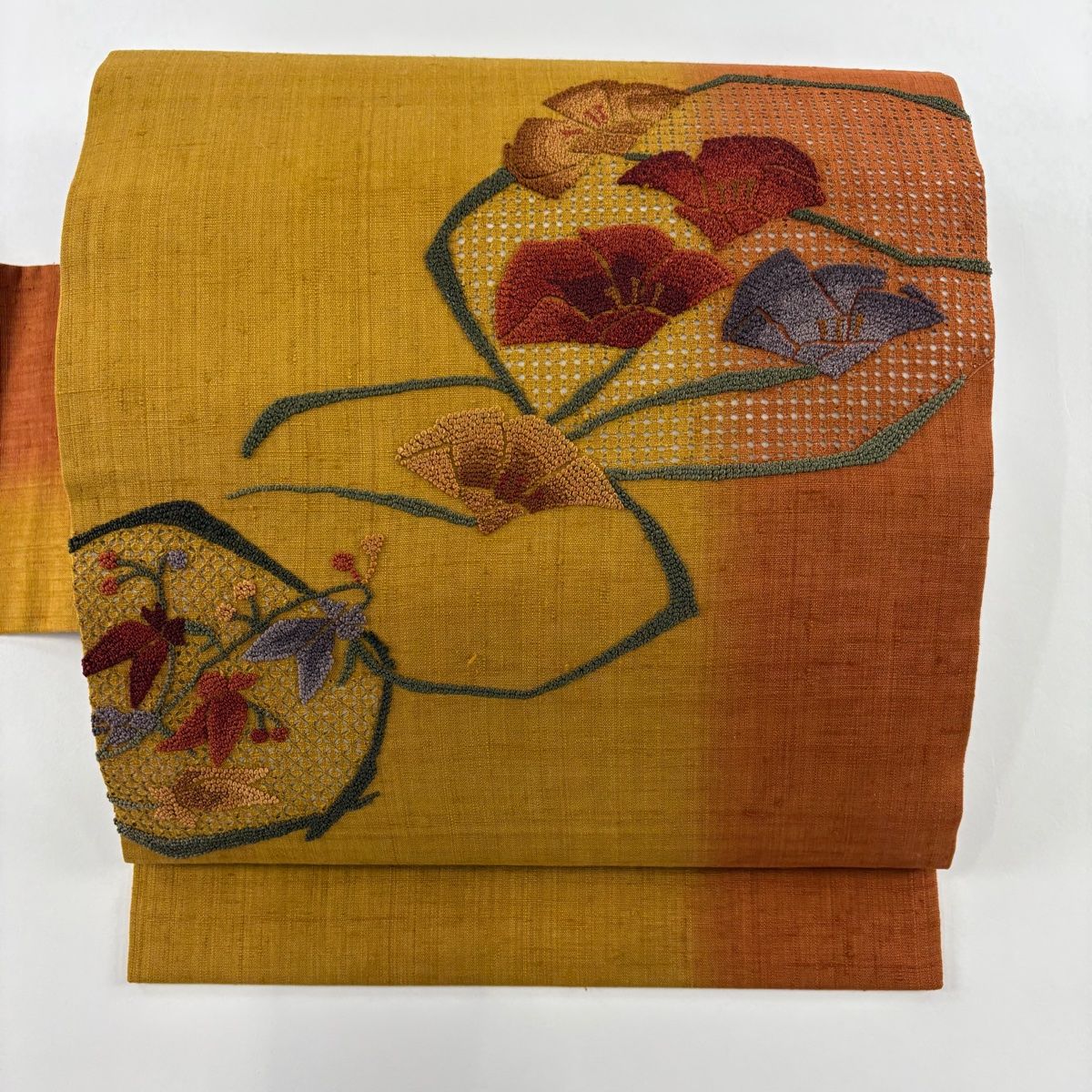 名古屋帯 美品 秀品 紬地 草花 縞 刺繍 山吹茶色 正絹 【中古】 - メルカリ