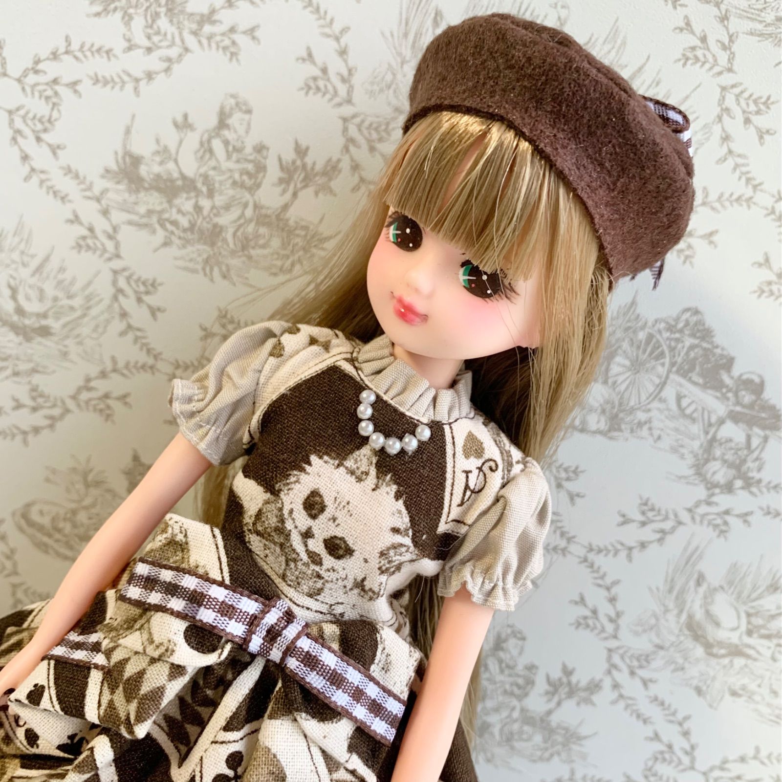 専用ページリカちゃん ハンドメイド 服★カントリー柄ワンピースとベレー帽のセット ハンドメイド「カントリー風ワンピースセット 緑」ネオブライス