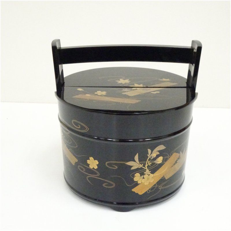 塗師 茶平一斎 真手桶水指 共箱 茶道具 塗師 茶平一斎造 輪島塗 花筏蒔絵真塗手桶水指（共箱） 水指し 茶道