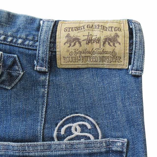 STUSSYデニムベイカーパンツ ペイント加工 バックルバック 刺繍ロゴ W34 STUSSYデニムベイカーパンツ ペイント加工 バックルバック 刺繍ロゴ