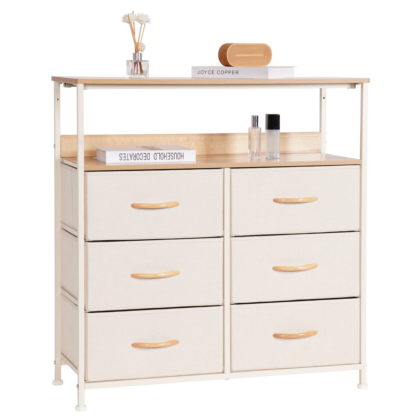 新商品 LYNCOHOME 棚付き収納チェスト タンス ベージュ 布製引き出し 衣類収納 ボックス キャビネット おもちゃ箱 一人暮らし 3段6杯 幅80×奥行30×高さ84cm