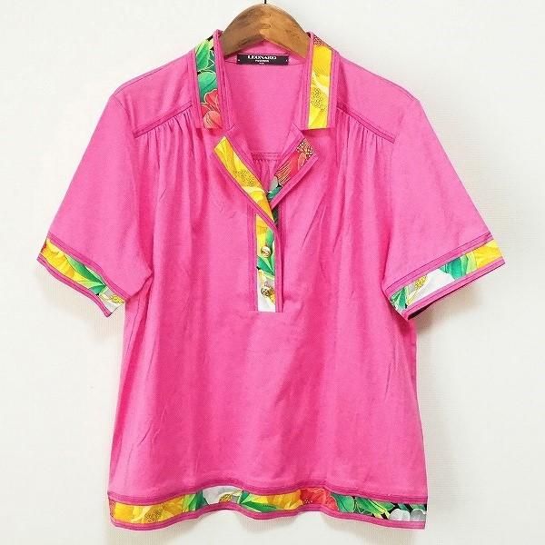 sxc レオナール LEONARD ポロシャツ M ピンク 半袖 花柄 金ボタン