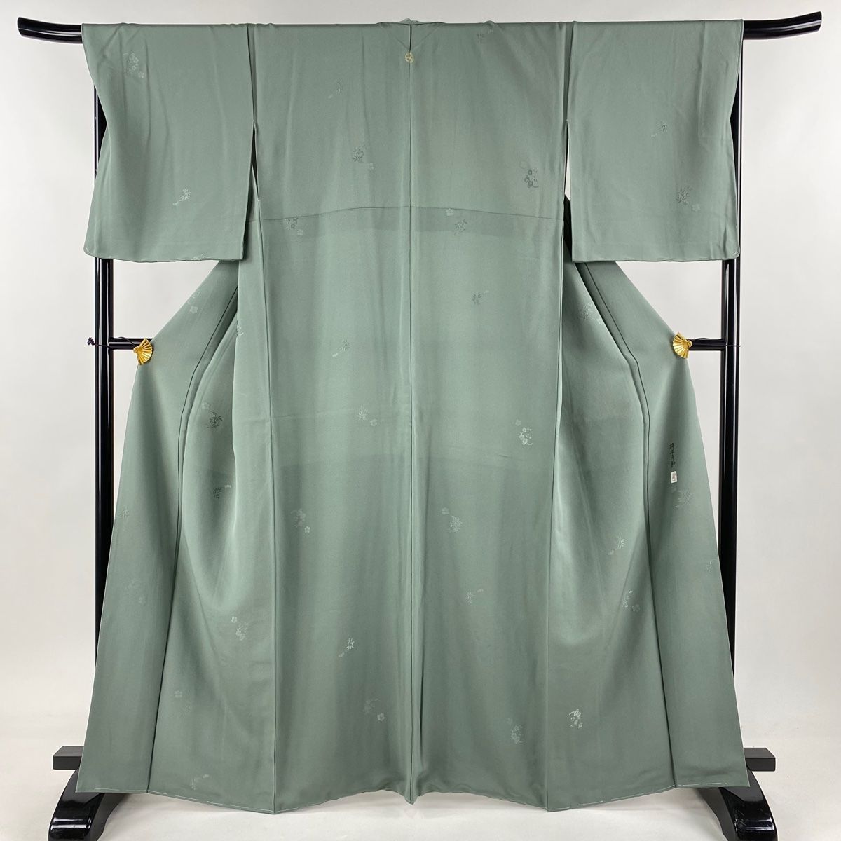色無地 身丈165.5cm 裄丈67cm M 袷 柿本市郎 落款 花丸文 梅 灰緑 正絹 名品 一つ紋