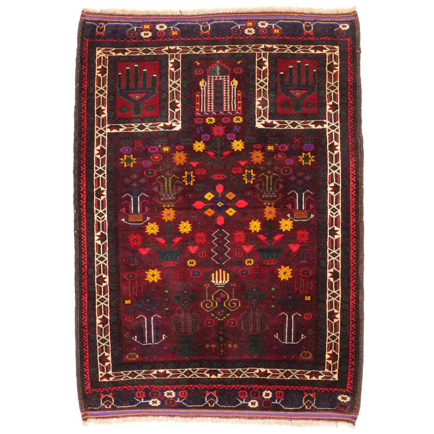 ザーボル 1950年代 1200×900mm セミアンティーク ミフラーブ 生命の樹 ファーティマの手 ヴィンテージラグ専門店 手織り 一点物 送料無料