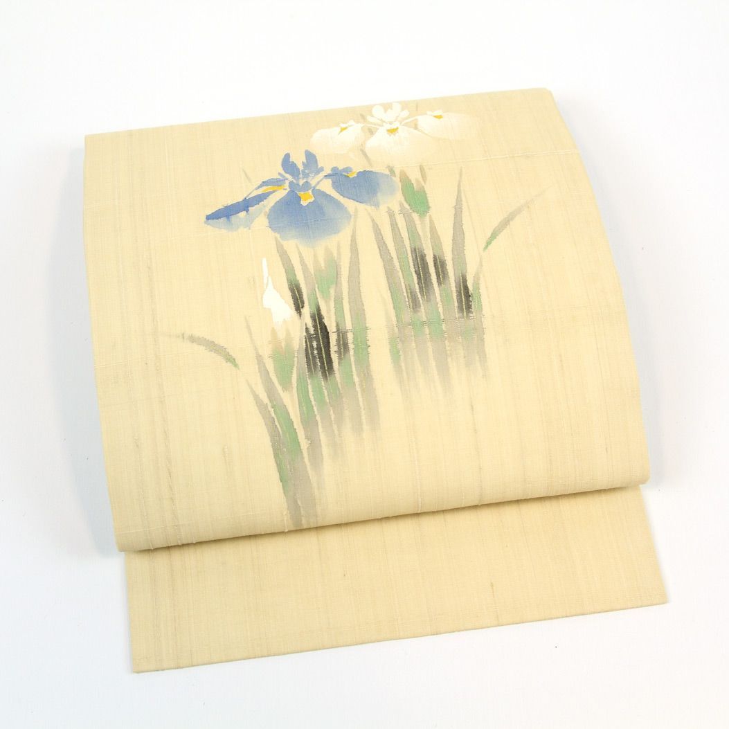 リサイクル】 名古屋帯 【未使用品】 本麻 手描き 菖蒲 あやめ 紗 手織 