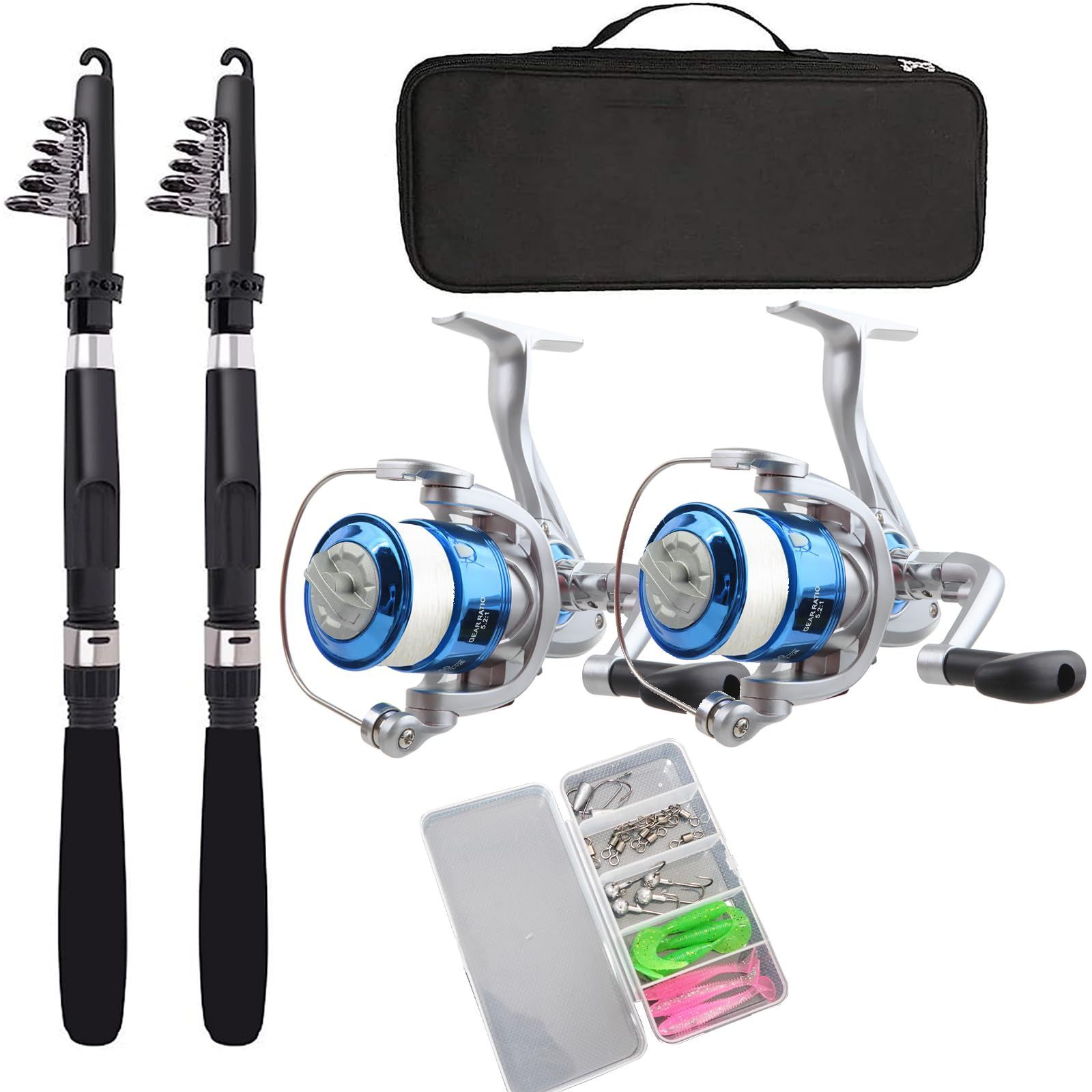 【新着商品】炭素ロッド 携帯便利 スピニングリール 入門セット 軽量 コンパクトロッド 海釣りセット ルアーセット付き 2本の2.1M釣り竿セットフィッシング 初心者 収納バッグ付き 釣りセッ