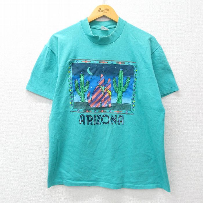 XL/古着 半袖 ビンテージ Tシャツ メンズ 80s アリゾナ サボテン コットン クルーネック 青緑 24apr19 中古