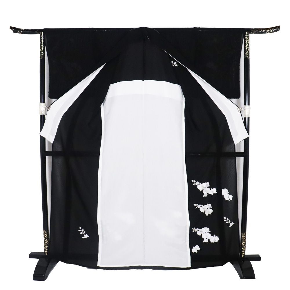 絽 訪問着 正絹 黒 刺繍 胡蝶蘭 トールサイズ LLサイズ ki30725