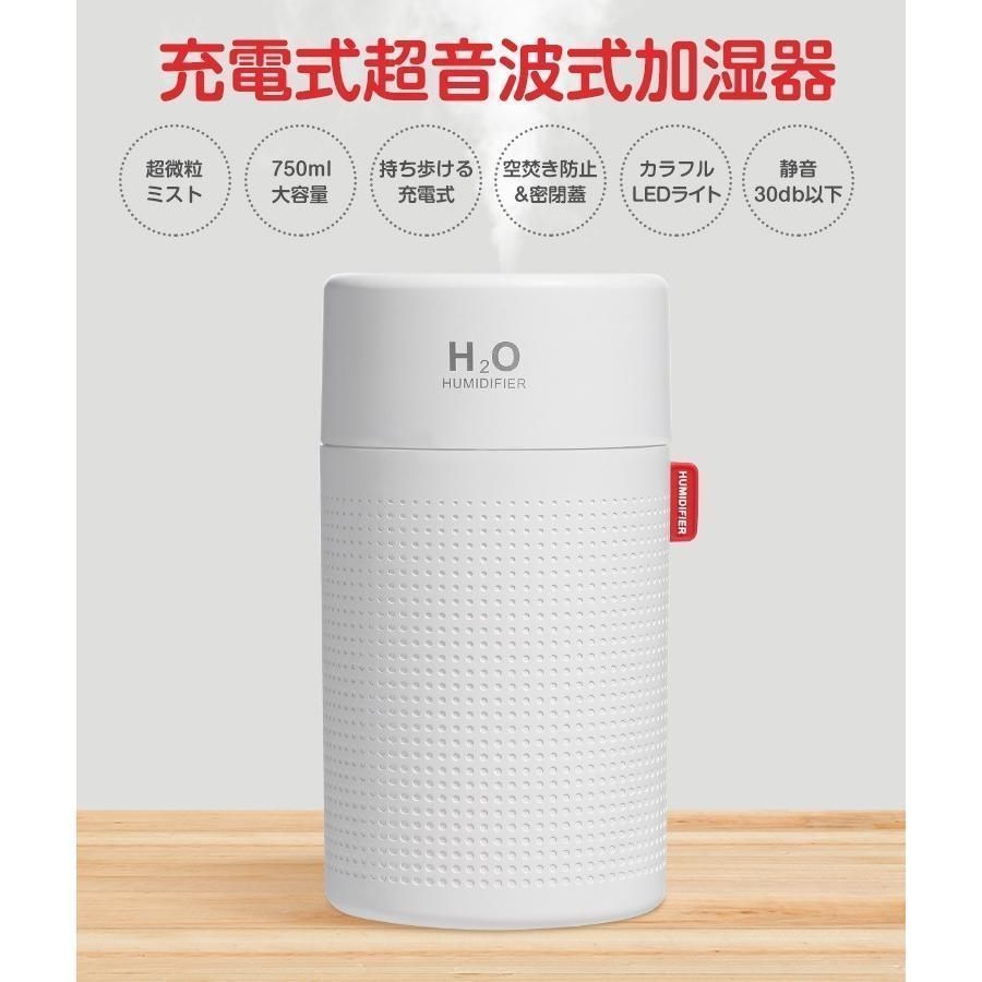 加湿器 小型 超音波式 750ml大容量 USB 加湿器 卓上 ミニ加湿器 コードレス LEDライト付 節電静音 最大28時間連続 車 オフィス 化粧台 乾燥対策