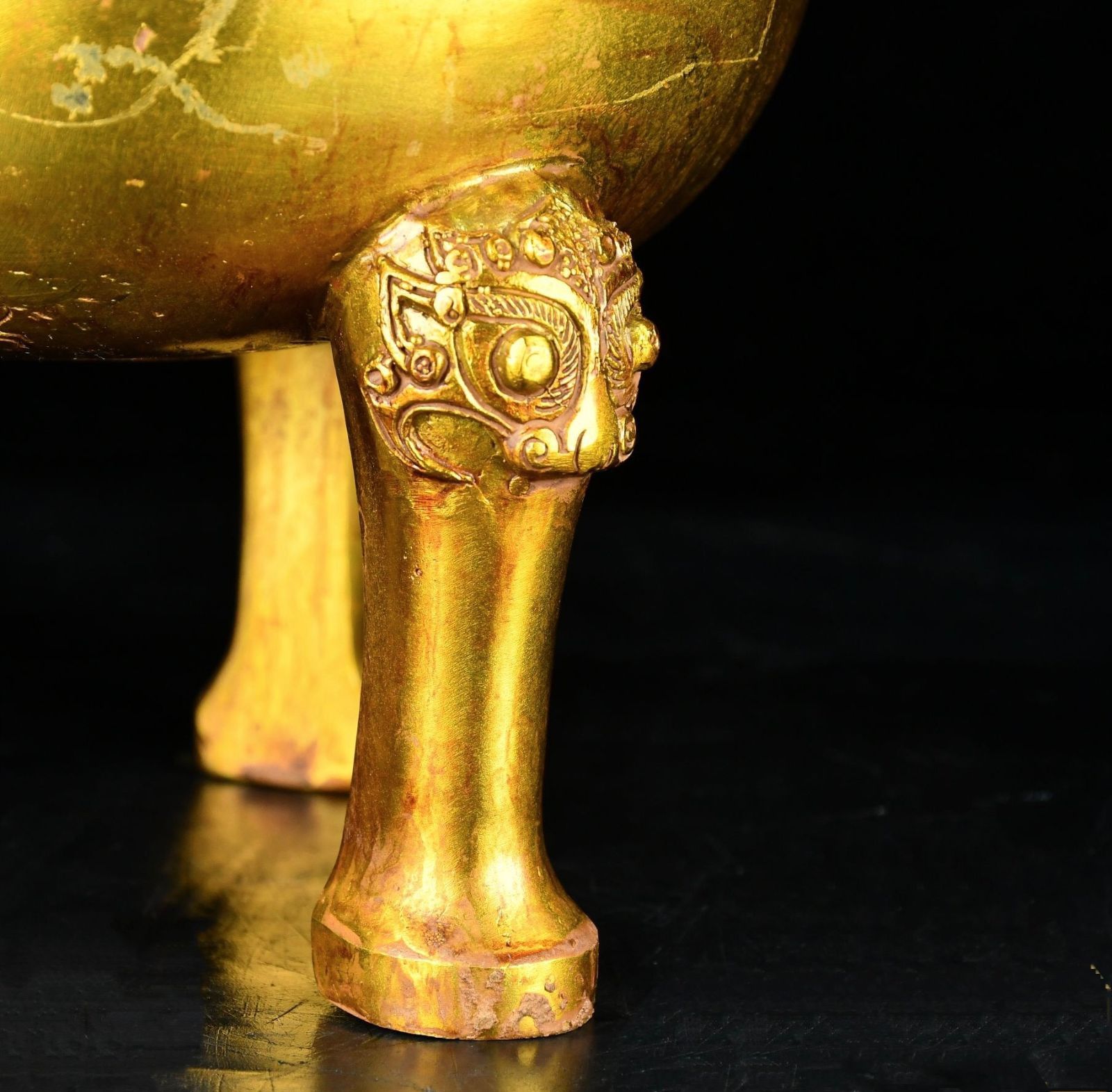 中国古美術 旧蔵清代 鍍金銅三足酒杯 精銅製 純手作り 小型酒器 骨董品