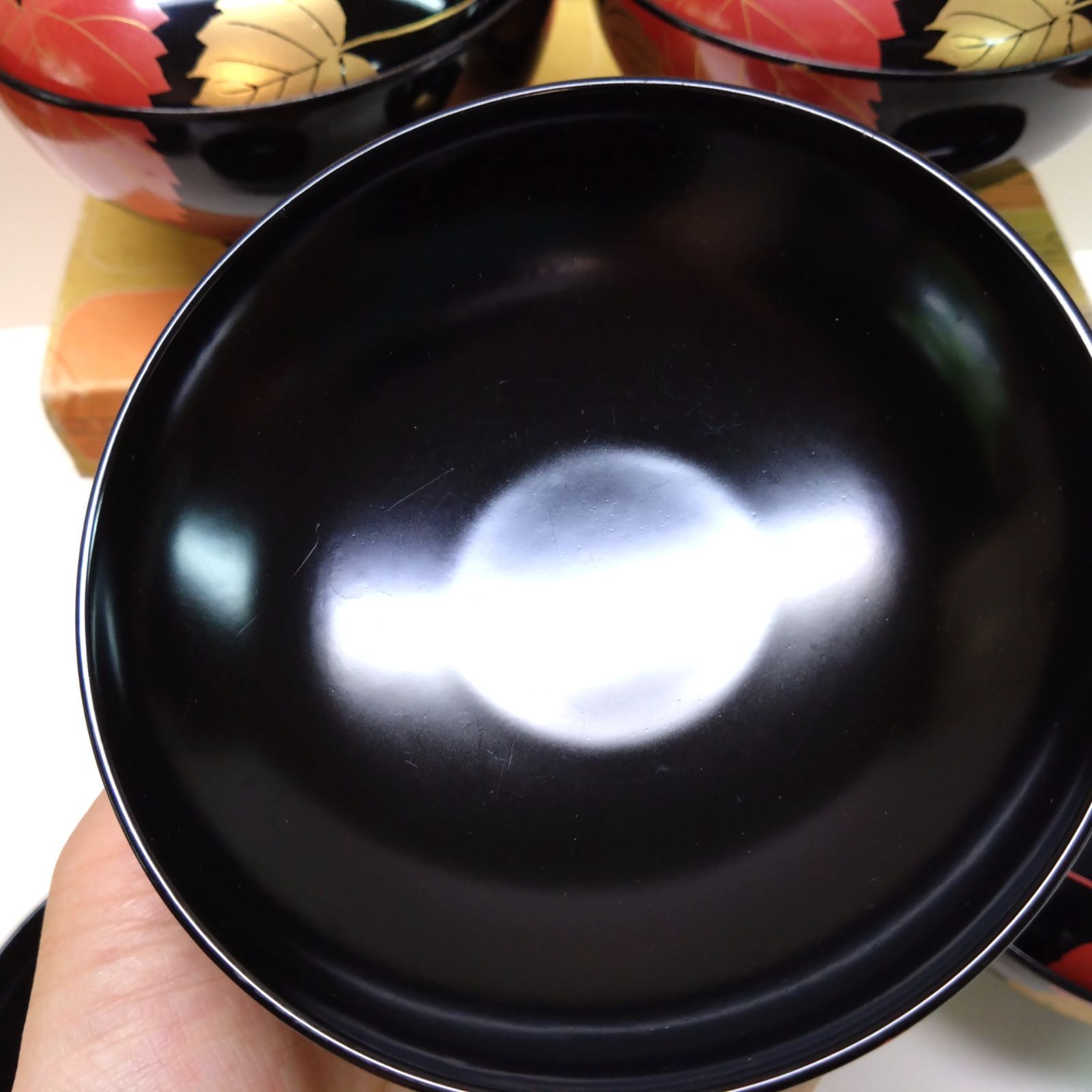 61668 会津塗 漆器 漆塗り 年輪 雑煮椀 黒ツタの葉 蓋付き椀 汁