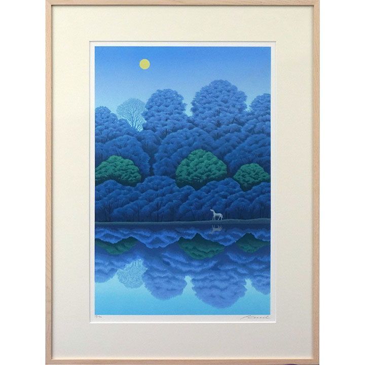 NO33. 国武久巳 湖上の月 版画 馬 青 風景画 額付き 箱あり 絵画