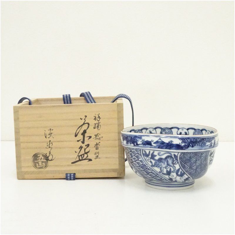 和食器　萬古焼　八幡窯　水車文　数茶碗　十四客　共箱　M　R9415B 和食器 萬古焼 八幡窯 水車文 数茶碗 十四客 共箱 M