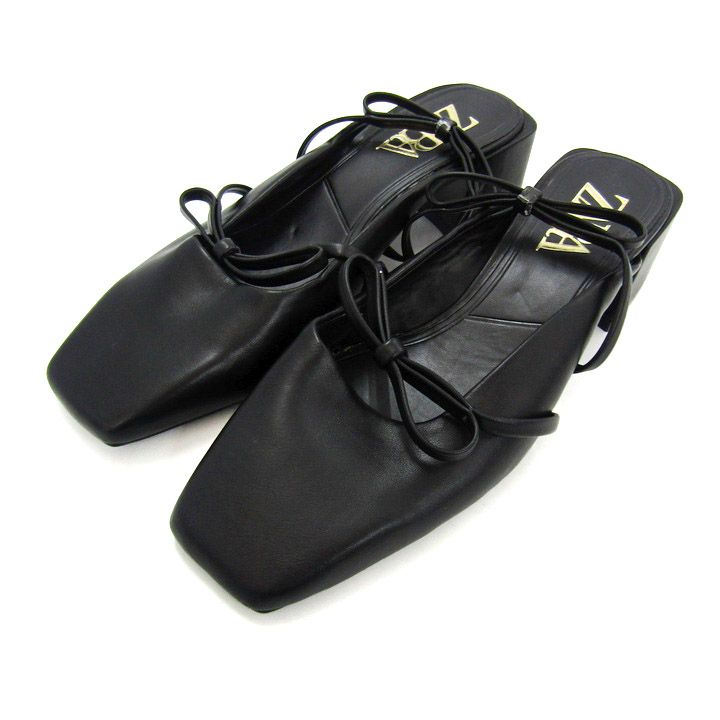 新品　ZARA ザラ　リボン　ヒール　パンプス　ブラック ZARA ザラ リボンモチーフ エナメルフィニッシュ ヒールシューズ