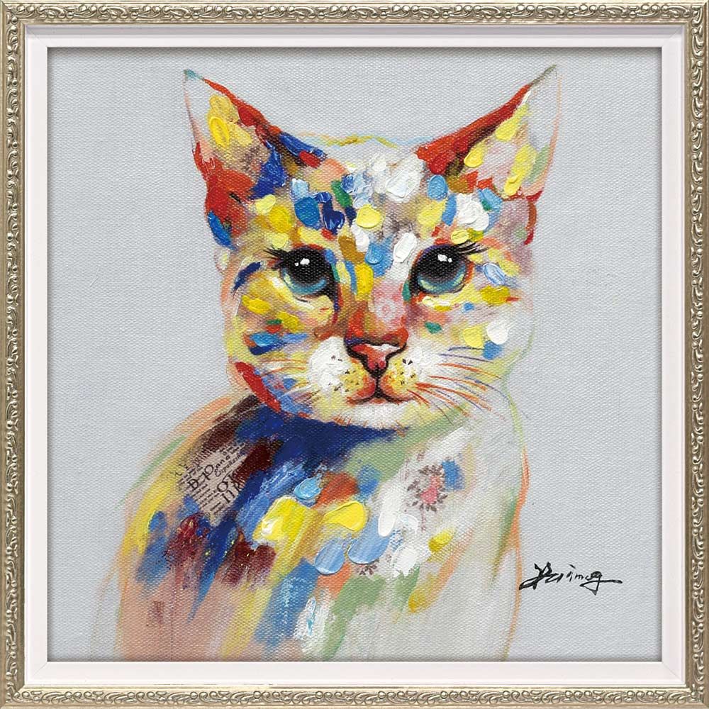 真作】F4安藤絵流【蒼い瞳のねこ】gallery購入品 表裏サイン有り 油彩b