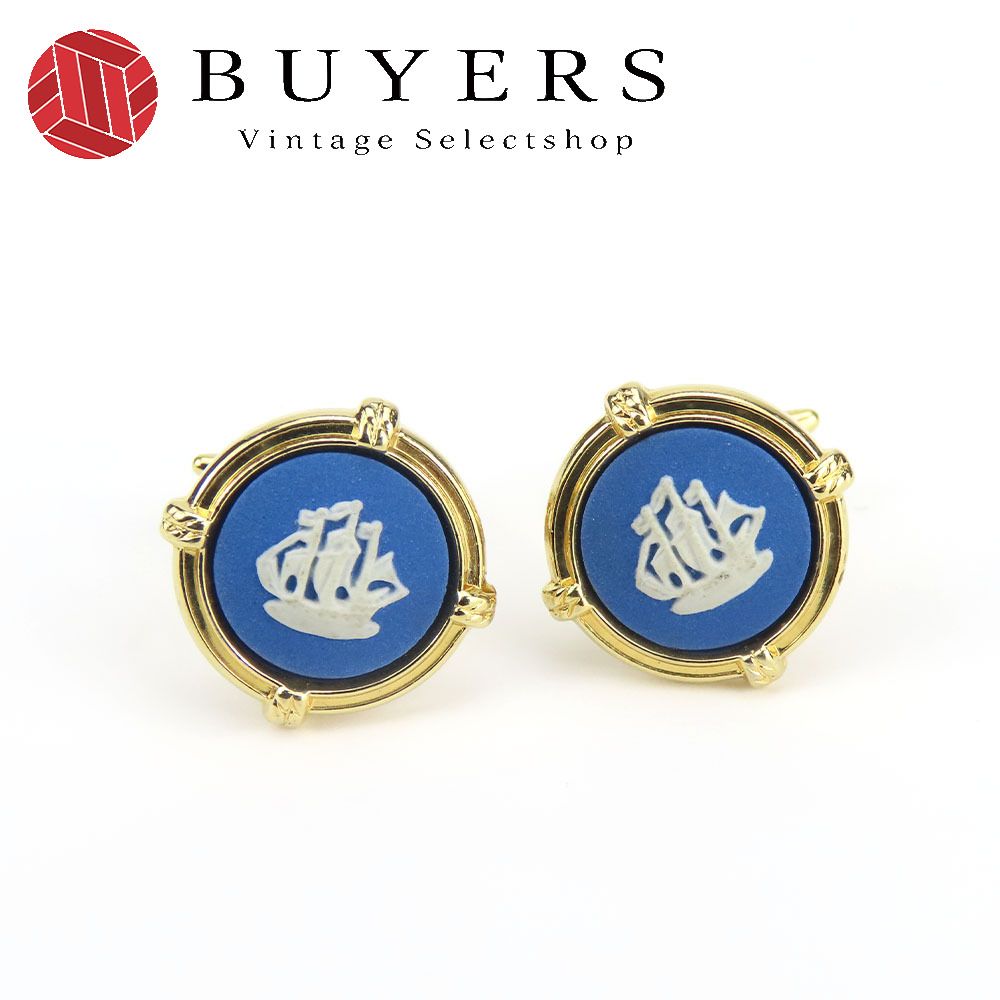 【中古】 ウェッジウッド カフス メタル ブルー ホワイト ゴールド金具 帆船 メッキ アクセサリー メンズ 男性 Wedgwood